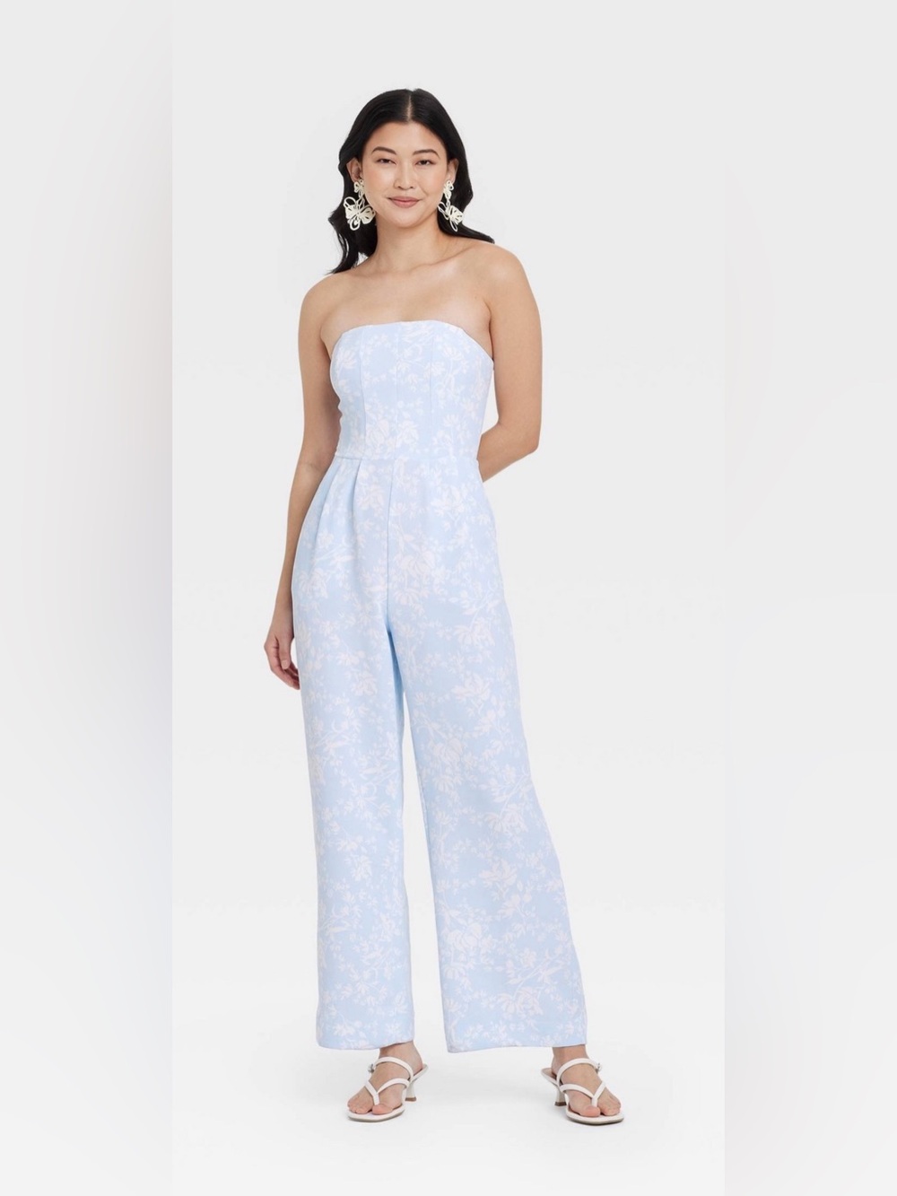 A New Day Strapless Wide-Leg Jumpsuit in Light Blue Floral size large